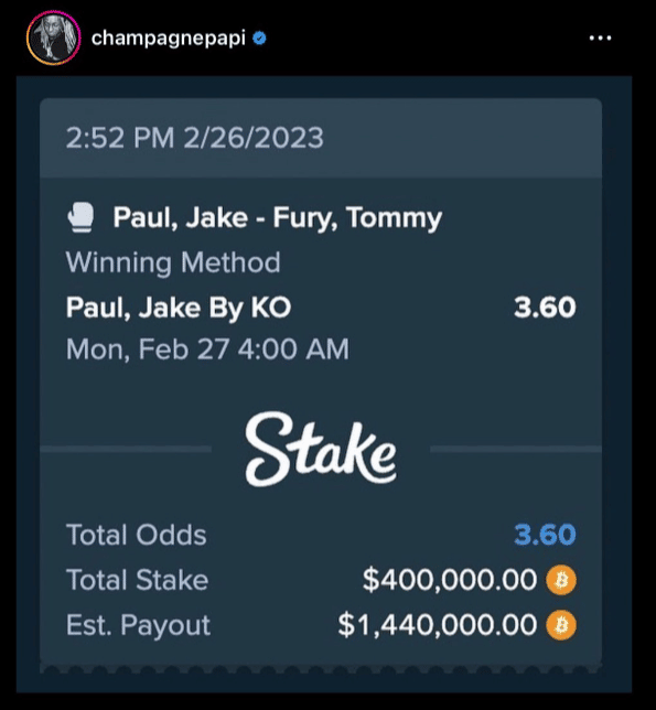 Drake đã đăng một ảnh chụp màn hình lên Instagram cho thấy anh ấy đã đặt cược 400.000 USD Bitcoin vào Jake Paul với tỷ lệ cược 3,6
