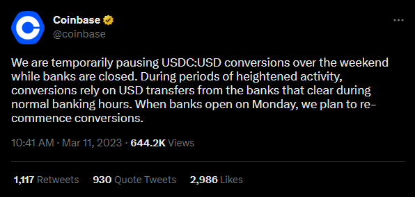 Coinbase tạm dừng chuyển đổi USDC => USD 